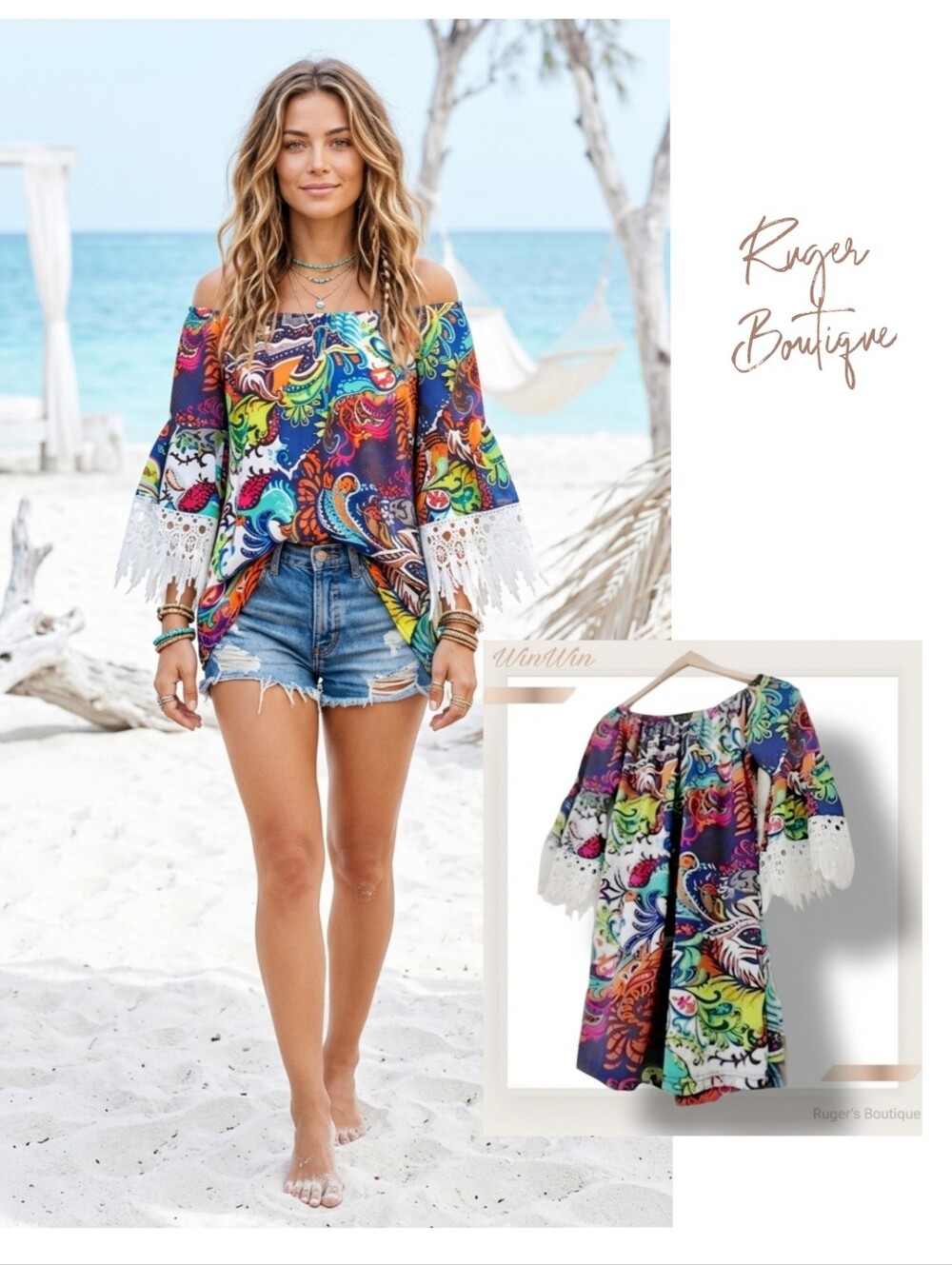 🌿WinWin Womens Medium Neon Paisley Lace Tunic Boho Peasant Festival Mini Dress
